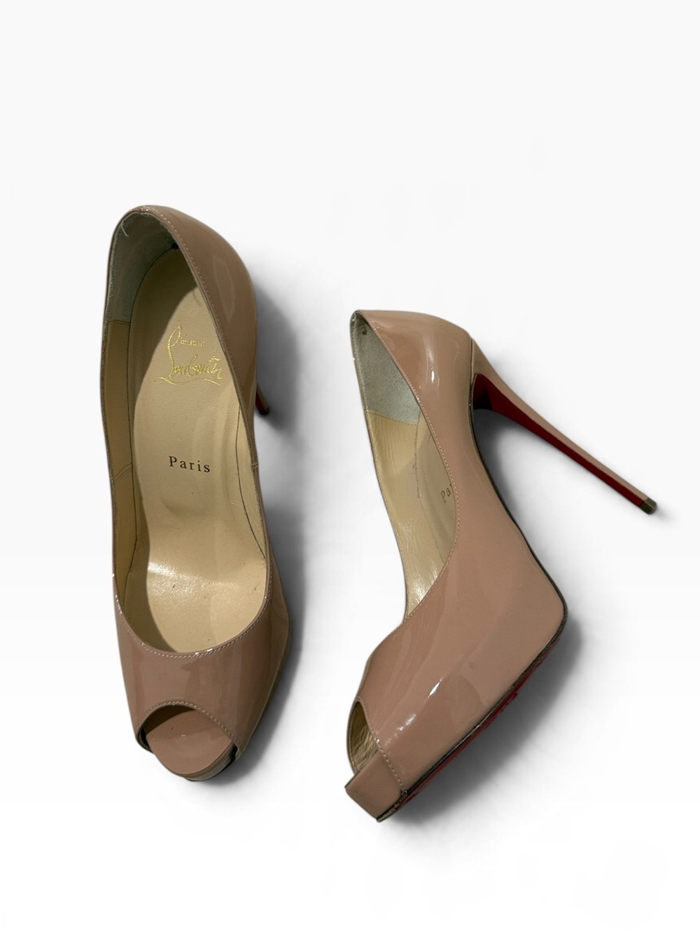 Christian Louboutin Very Privé 120 Nude Patent Leather Peep Toe Platform Pump 38